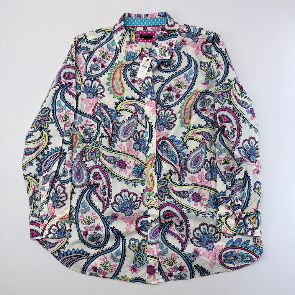 Talbots Plus Womens X Paisley Button Front Shirt Cotton Multi Color Long Sleeve
